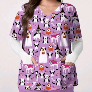 Seasonal Halloween Purple Dog Print Scrub Top & Holiday Snowman Scrub Top